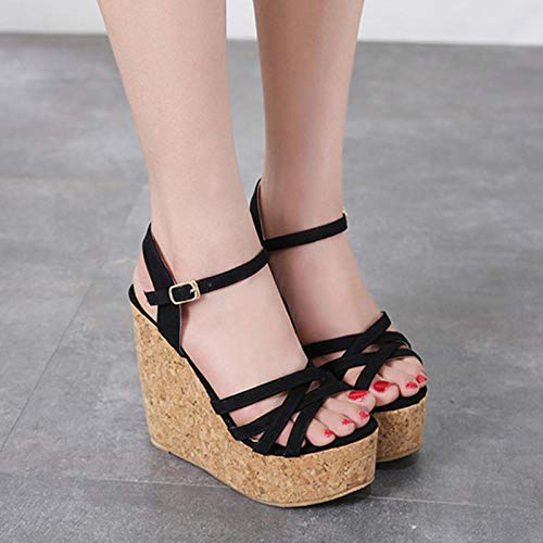 ZY&FC Sweet Sandalias de cuña con Punta Abierta Mujer Plataforma Impermeable de Verano Word Hebilla Strap 12Cm High Heels-34_Black