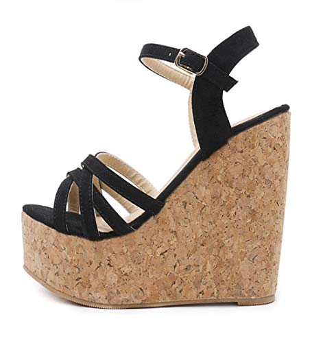 ZY&FC Sweet Sandalias de cuña con Punta Abierta Mujer Plataforma Impermeable de Verano Word Hebilla Strap 12Cm High Heels-34_Black