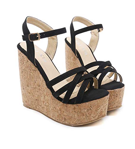 ZY&FC Sweet Sandalias de cuña con Punta Abierta Mujer Plataforma Impermeable de Verano Word Hebilla Strap 12Cm High Heels-34_Black