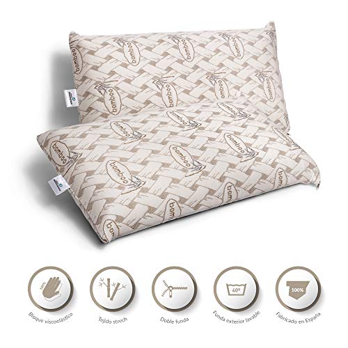 ZZ DON DESCANSO Almohadas Bambú Visco Pack 2 Chloe con Doble Funda, 70cm, Transpirables, Antiácaros, Termoregulables, Firmeza Media, Ergonómicas, Adaptabilidad, Tejido Strech. Fabricadas en España