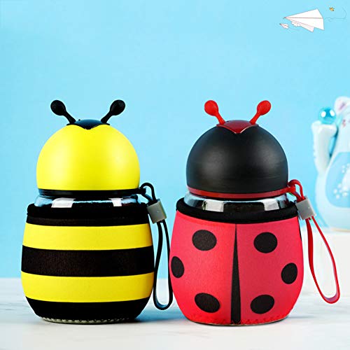 0Miaxudh Botella de Agua, Botella de Agua de Mariquita de Abeja de Dibujos Animados de 300 ml, hervidor portátil de Vidrio para niños Red