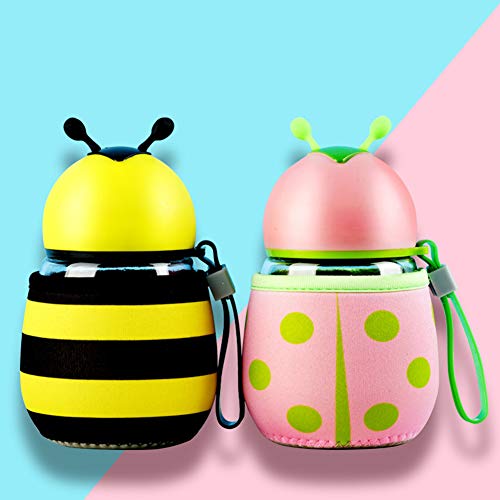 0Miaxudh Botella de Agua, Botella de Agua de Mariquita de Abeja de Dibujos Animados de 300 ml, hervidor portátil de Vidrio para niños Red
