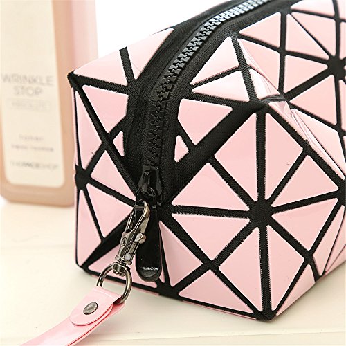 1 bolso plegable para mujer, con diseños de rombos, de piel sintética, en forma de cubo, para maquillaje o como bolso de mano rosa Rosa