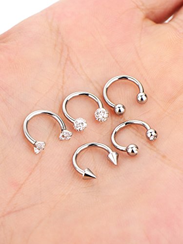 10 Piezas de Aro de Herradura de Acero Inoxidable Anilla de Nariz Piercing de Cuerpo Quirúrgico para Hélice Tragus Cartílago Labio Ceja, 16 Gauge, 5 Estilos