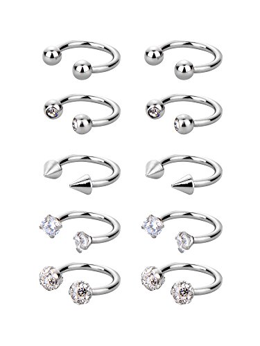 10 Piezas de Aro de Herradura de Acero Inoxidable Anilla de Nariz Piercing de Cuerpo Quirúrgico para Hélice Tragus Cartílago Labio Ceja, 16 Gauge, 5 Estilos