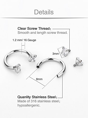 10 Piezas de Aro de Herradura de Acero Inoxidable Anilla de Nariz Piercing de Cuerpo Quirúrgico para Hélice Tragus Cartílago Labio Ceja, 16 Gauge, 5 Estilos