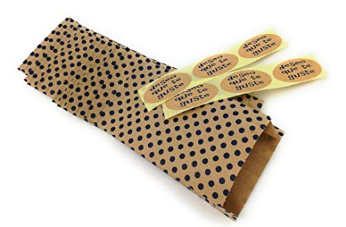100 Bolsitas kraft con topos azules y etiqueta de cierre Deseo que te guste