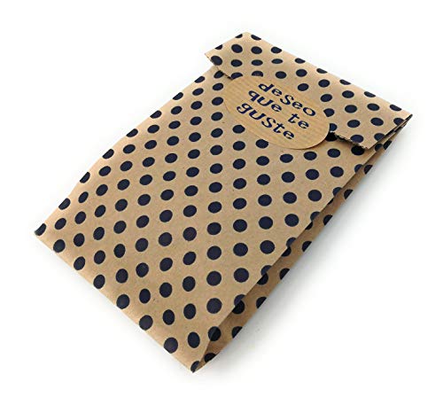 100 Bolsitas kraft con topos azules y etiqueta de cierre Deseo que te guste