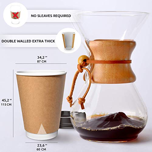 100 Kraft Vasos Desechables 360 ml de Doble Pared de Café para Llevar - Vasos Carton con Tapas y Agitadores de Madera para Servir el Café, el Té, Bebidas Calientes y Frías