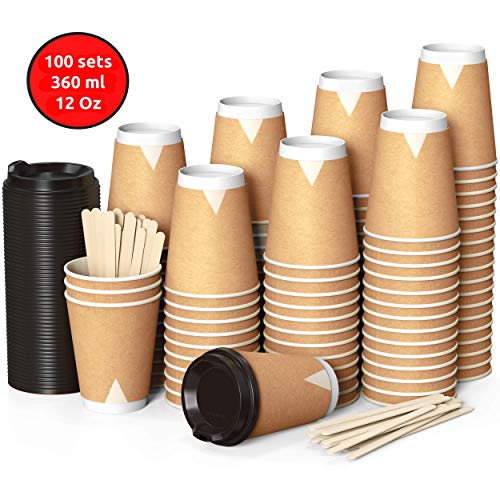 100 Kraft Vasos Desechables 360 ml de Doble Pared de Café para Llevar - Vasos Carton con Tapas y Agitadores de Madera para Servir el Café, el Té, Bebidas Calientes y Frías
