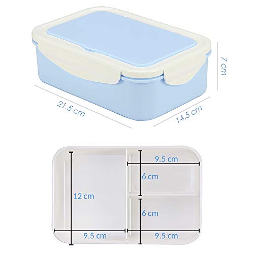 1050ml Caja de Almuerzo de Plástico Azul, Caja de Bento con 3 Compartimentos y Cubiertos (Tenedor y Cuchara), Fiambreras Caja de Alimentos Ideal para Almuerzo y Bocadillos para Niños y Adultos