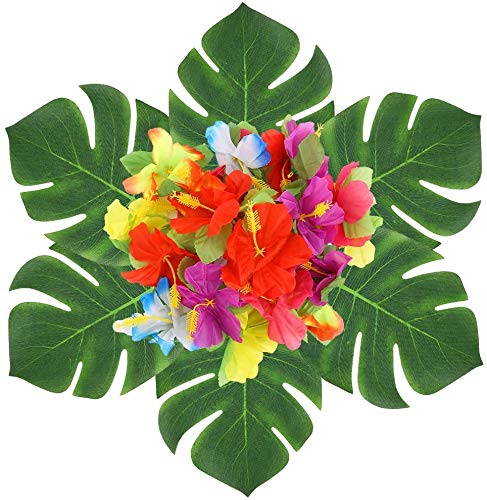 109Piezas Juego de Decoración de Fiesta Hawaiana Luau, 9 Pies Falda de Mesa Hawaiana, Hojas de Palma, Flores Hawaianas, Sombrillas Multicolores Pajitas de Frutas 3D