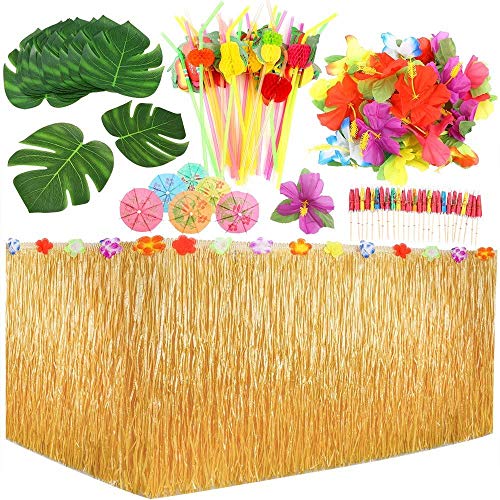 109Piezas Juego de Decoración de Fiesta Hawaiana Luau, 9 Pies Falda de Mesa Hawaiana, Hojas de Palma, Flores Hawaianas, Sombrillas Multicolores Pajitas de Frutas 3D