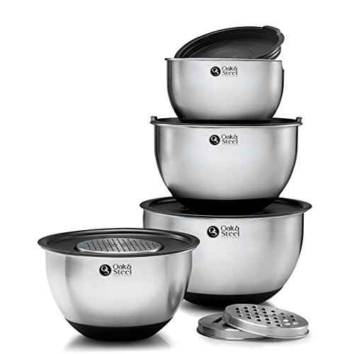 11-Pc| 4 Cuencos Bol Mezcladores, Ensaladeras Acero Inox Premium (4.5L 3.5L 2.5L 2L), 4 Tapas Herméticas, 3 Ralladores Ajustables| Apilable, Base Antideslizante| Hornear, Preparar Ensaladas Verduras