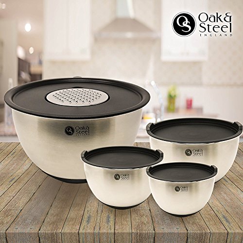 11-Pc| 4 Cuencos Bol Mezcladores, Ensaladeras Acero Inox Premium (4.5L 3.5L 2.5L 2L), 4 Tapas Herméticas, 3 Ralladores Ajustables| Apilable, Base Antideslizante| Hornear, Preparar Ensaladas Verduras