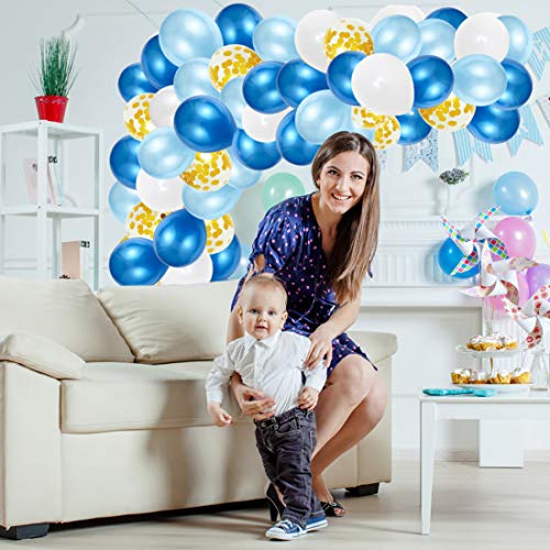 110Pcs Kit de Guirnaldas de Globos, Arco Globos de Látex Azul Blanco,Globos de Confeti con 16 Pies Cinta,1 Herramienta de Amarre y 100 Puntos Pegamento para la Decoración de Fiesta Boda Cumpleaños