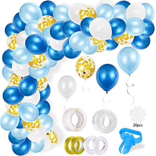 110Pcs Kit de Guirnaldas de Globos, Arco Globos de Látex Azul Blanco,Globos de Confeti con 16 Pies Cinta,1 Herramienta de Amarre y 100 Puntos Pegamento para la Decoración de Fiesta Boda Cumpleaños