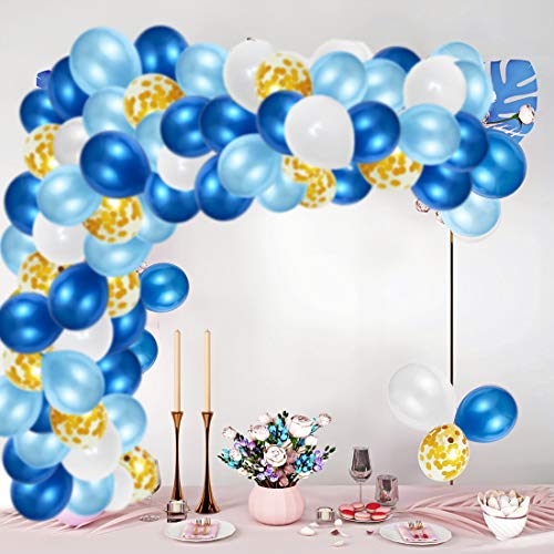 110Pcs Kit de Guirnaldas de Globos, Arco Globos de Látex Azul Blanco,Globos de Confeti con 16 Pies Cinta,1 Herramienta de Amarre y 100 Puntos Pegamento para la Decoración de Fiesta Boda Cumpleaños