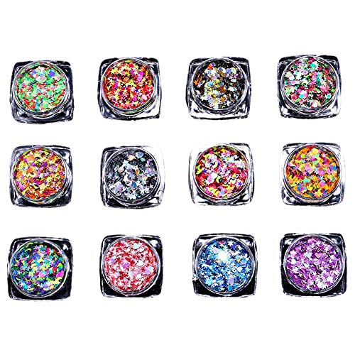 12 Colors / Set Sequined Super Fine Nails, Iridescent Assorted Colors, for Nail Art, Glitter Festival Cosmetic Paillette, Crafts or Facial Hair Decoration