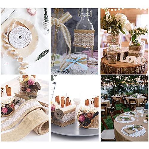 12 Rollo de Cinta Yute Natural con Encaje Blanco, 5 cm Ancho Retro Arpillera Cinta para DIY Hecho a Mano Artesanías de Boda Decoraciones, Encaje de Lino para Regalo Arreglos Florales