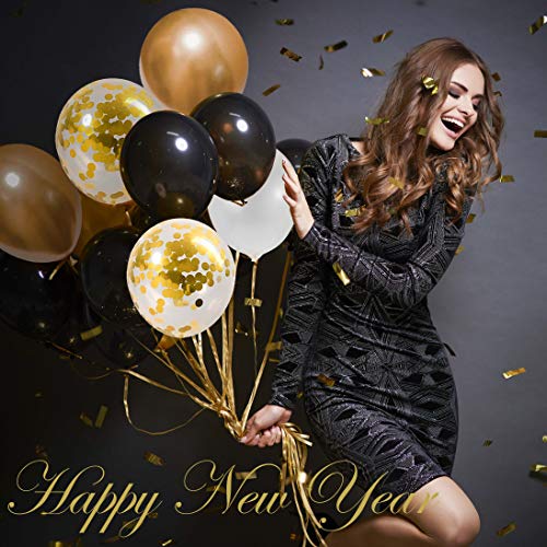 120Pcs Kit de Guirnaldas de Globos, Globos de Látex Negro, Blanco, Dorado y Globos de Confeti con 16 Pies Cinta de Globos,1 Herramienta de Amarre y 100 Puntos Pegamento para la Decoración de Fiesta