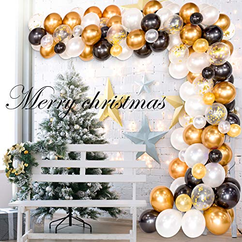 120Pcs Kit de Guirnaldas de Globos, Globos de Látex Negro, Blanco, Dorado y Globos de Confeti con 16 Pies Cinta de Globos,1 Herramienta de Amarre y 100 Puntos Pegamento para la Decoración de Fiesta