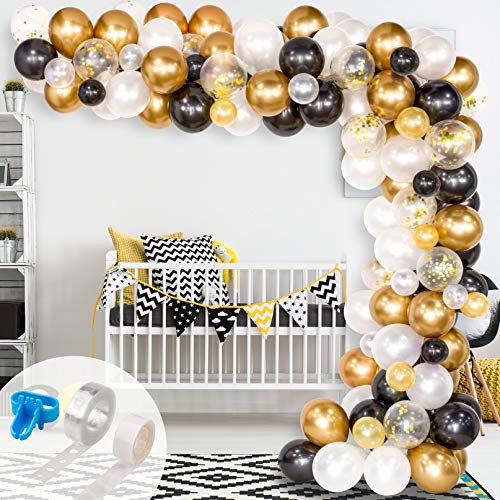 120Pcs Kit de Guirnaldas de Globos, Globos de Látex Negro, Blanco, Dorado y Globos de Confeti con 16 Pies Cinta de Globos,1 Herramienta de Amarre y 100 Puntos Pegamento para la Decoración de Fiesta