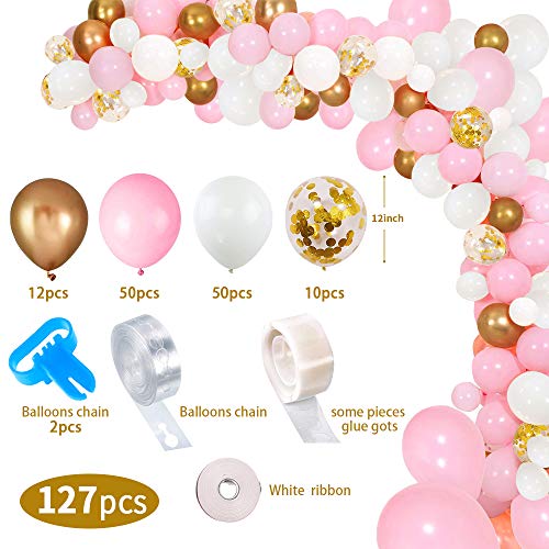127Pcs Kit de guirnaldas con globos SPECOOL Kit de arcos de globos Rosa blanca y dorada Confeti Lleno de globos de látex Paquete con cinta de globos para cumpleaños Decoración de banquete de boda