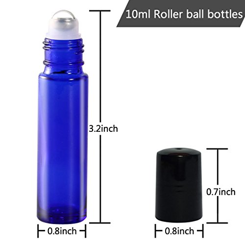 12pcs, 10 ml vidrio botellas (con Roller – Aceite Esencial rollo en botellas recargables con abridor de tapa de acero inoxidable herramienta de palanca, ideal para aromaterapia
