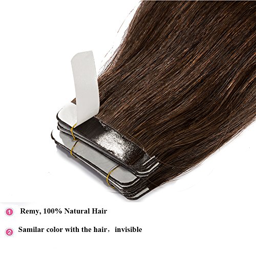 14"(35cm) Extensiones Adhesivas de Cabllo Natural Sin Clip 100% Remy Pelo Natural Humano Invisible Tape in Hair Extensions 40 Unidades (80g,#2 Marrón Oscuro)