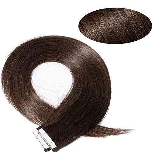 14"(35cm) Extensiones Adhesivas de Cabllo Natural Sin Clip 100% Remy Pelo Natural Humano Invisible Tape in Hair Extensions 40 Unidades (80g,#2 Marrón Oscuro)