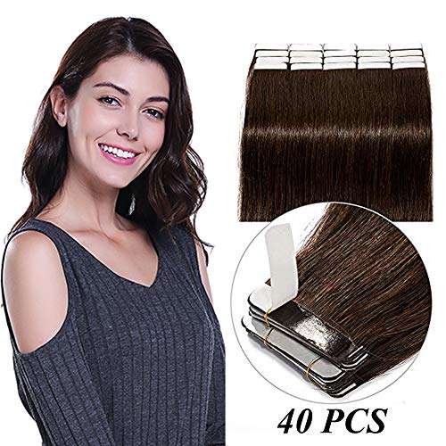14"(35cm) Extensiones Adhesivas de Cabllo Natural Sin Clip 100% Remy Pelo Natural Humano Invisible Tape in Hair Extensions 40 Unidades (80g,#2 Marrón Oscuro)