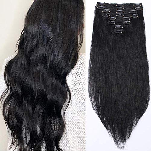 14"(35cm) Extensiones de Cabello Natural Clip Double Weft(Muy Gruesas) #1 Negro Intenso Pelo Natural Humano 100% Remy 8 Piezas 18 Clips Liso Corto Postizos Pelucas (120g)