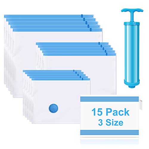15 Piezas 3 Tamaños de Bolsa para Vacío de Ropa, EWEIMA Bolsas de Almacenamiento al Vacío Ahorro de Espacio para Guardar Ropa, Ropa de Cama, Edredones, Almohadas, Mantas, Cortinas, Tejidos, Sábanas