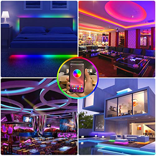 15M Tiras LED RGB 5050 Música, HOVVIDA Bluetooth Luces de Tiras LED 12V para Habitación, Controladas por APP, IR Control Remoto y Controlador, 16 Milliones de Colores, 20 Estilos, Modo de Horario