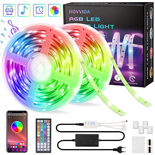 15M Tiras LED RGB 5050 Música, HOVVIDA Bluetooth Luces de Tiras LED 12V para Habitación, Controladas por APP, IR Control Remoto y Controlador, 16 Milliones de Colores, 20 Estilos, Modo de Horario