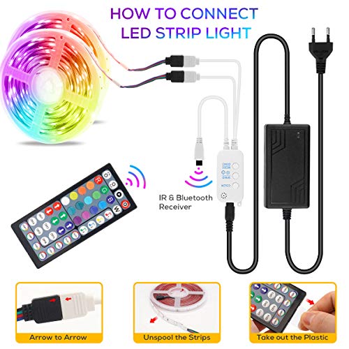 15M Tiras LED RGB 5050 Música, HOVVIDA Bluetooth Luces de Tiras LED 12V para Habitación, Controladas por APP, IR Control Remoto y Controlador, 16 Milliones de Colores, 20 Estilos, Modo de Horario