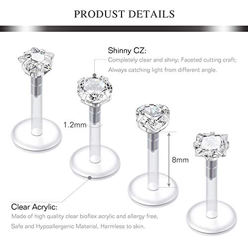 16G Claro Acrilico Bioflex Piercing Oreja Tragus Piercing Labio Labret Monroe Medusa Piercing Stud Piercing Oreja Helix CZ Inlaid 8 Piezas