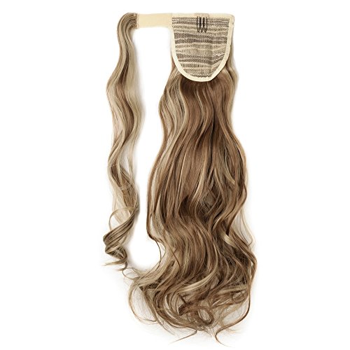 17"(43cm) Coleta Postiza Pelo Natural de Pelo Sintético Extensiones de Cabello Natural Clip Cola Ponytail Hair Extension Rizada Onduladas Largas Pelucas (90g,Castaño Claro mezcla Rubio Ceniza)