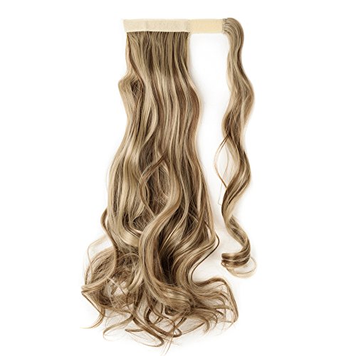 17"(43cm) Coleta Postiza Pelo Natural de Pelo Sintético Extensiones de Cabello Natural Clip Cola Ponytail Hair Extension Rizada Onduladas Largas Pelucas (90g,Castaño Claro mezcla Rubio Ceniza)