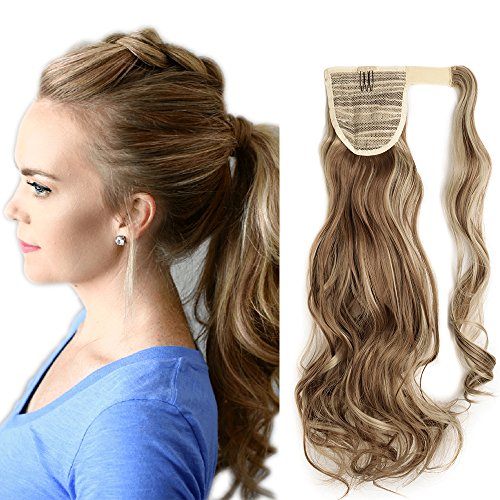 17"(43cm) Coleta Postiza Pelo Natural de Pelo Sintético Extensiones de Cabello Natural Clip Cola Ponytail Hair Extension Rizada Onduladas Largas Pelucas (90g,Castaño Claro mezcla Rubio Ceniza)