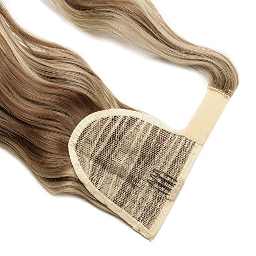 17"(43cm) Coleta Postiza Pelo Natural de Pelo Sintético Extensiones de Cabello Natural Clip Cola Ponytail Hair Extension Rizada Onduladas Largas Pelucas (90g,Castaño Claro mezcla Rubio Ceniza)