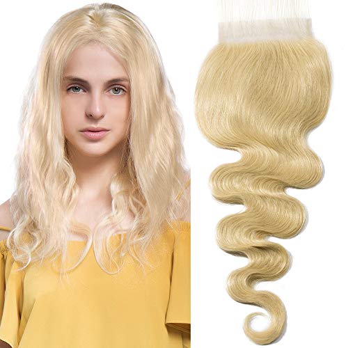 18"(45cm) SEGO Blonde Lace Closure 4x4 Extensiones de Cortina Pelo Natural Humano [#613 Blanqueador Rubio] Cabello 100% Remy Cierre Frontal Rizado Brazilian Body Wave