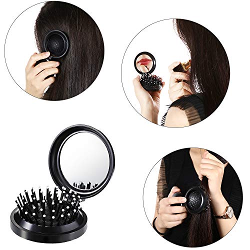 2 Cepillos de Pelo Plegables con Espejo de Viaje Cepillo de Pelo Plegable de Bolsillo Redondo Mini Peine de Cabello Peine de Masaje de Cabello de Viaje de Tamaño Compacto para Mujeres y Chicas (Negro)