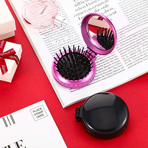 2 Cepillos de Pelo Plegables con Espejo de Viaje Cepillo de Pelo Plegable de Bolsillo Redondo Mini Peine de Masaje de Cabello de Viaje de Tamaño Compacto para Mujeres y Chicas (Negro, Morado)