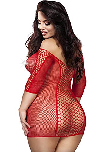 2 Pack Talla Extra Mujer Talla Extra Lencería Ropa Vestidos de camisón de Encaje de Manga Larga Bare Inferior (Negro+Rojo)