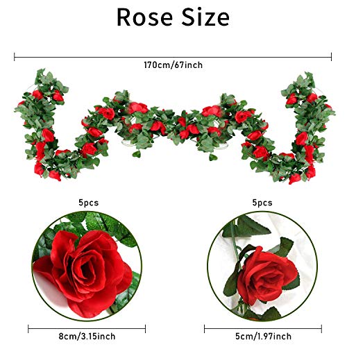 2 Piezas de Rosas Artificiales, Guirnalda de Flores de Vid de Rosa Falsa de 220cm Artificiales Flores para Colgar en la decoración del Arco de la Oficina en casa de la Boda (Rojo)