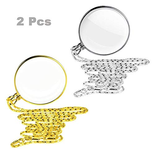 2 Piezas Loupe Cadena Joyas Lupa con 5x Collar de Lupa de Cristal Óptico Colgante, Lupa Para Colgar, Lente de Monóculo Portátil con Lupa Monóculo Collar Lupa con Lupa (Oro/Plata) (Oro/Plata)