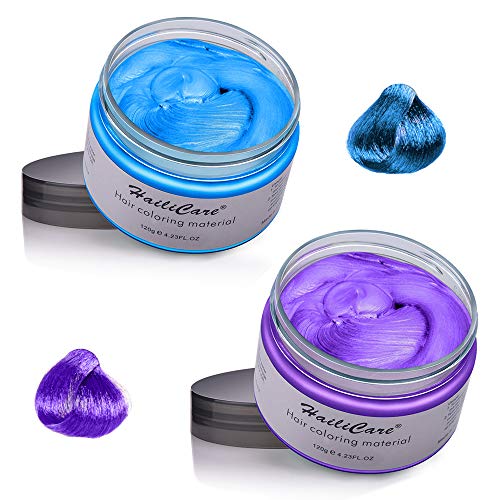 2 x 120g Cera Cabello Temporal, HailiCare Tinte de Pelo Desechable Profesional, Cera de Pelo Natural para Hombres y Mujeres, Fácil de Lavar/Usar (Azul + Púrpura)