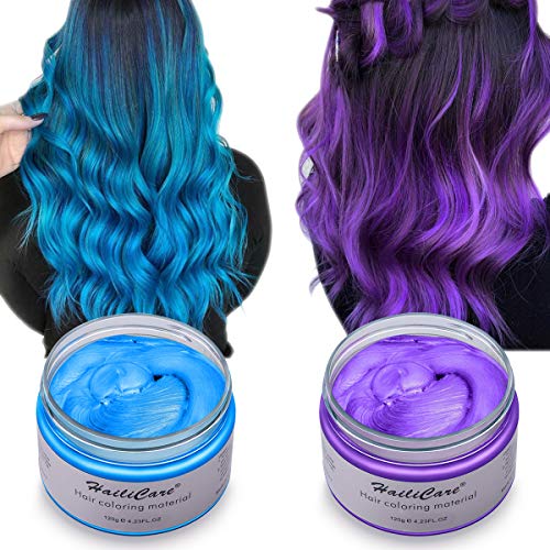 2 x 120g Cera Cabello Temporal, HailiCare Tinte de Pelo Desechable Profesional, Cera de Pelo Natural para Hombres y Mujeres, Fácil de Lavar/Usar (Azul + Púrpura)